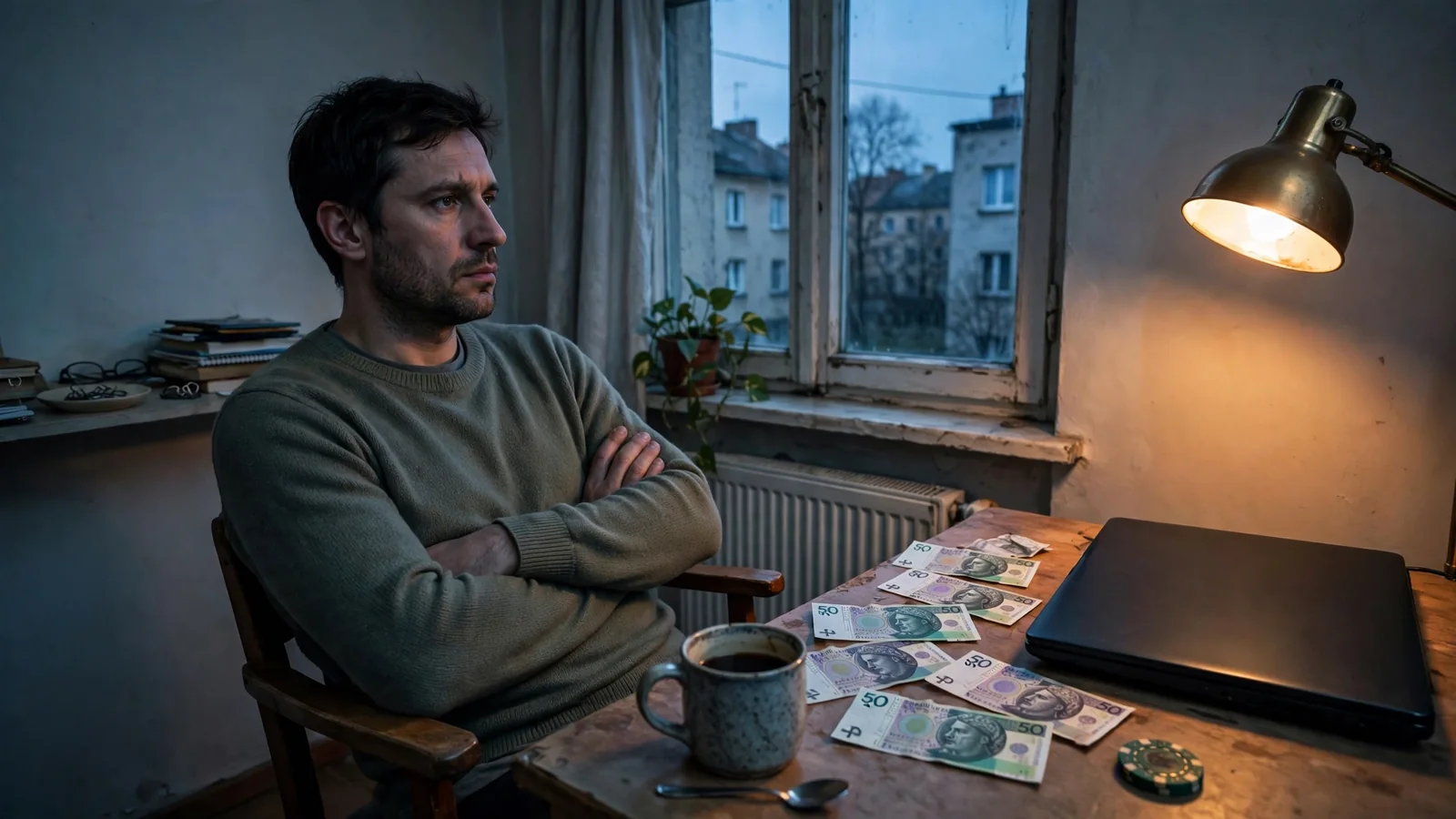 Mężczyzna przy biurku z zamkniętym laptopem, żetony i banknoty