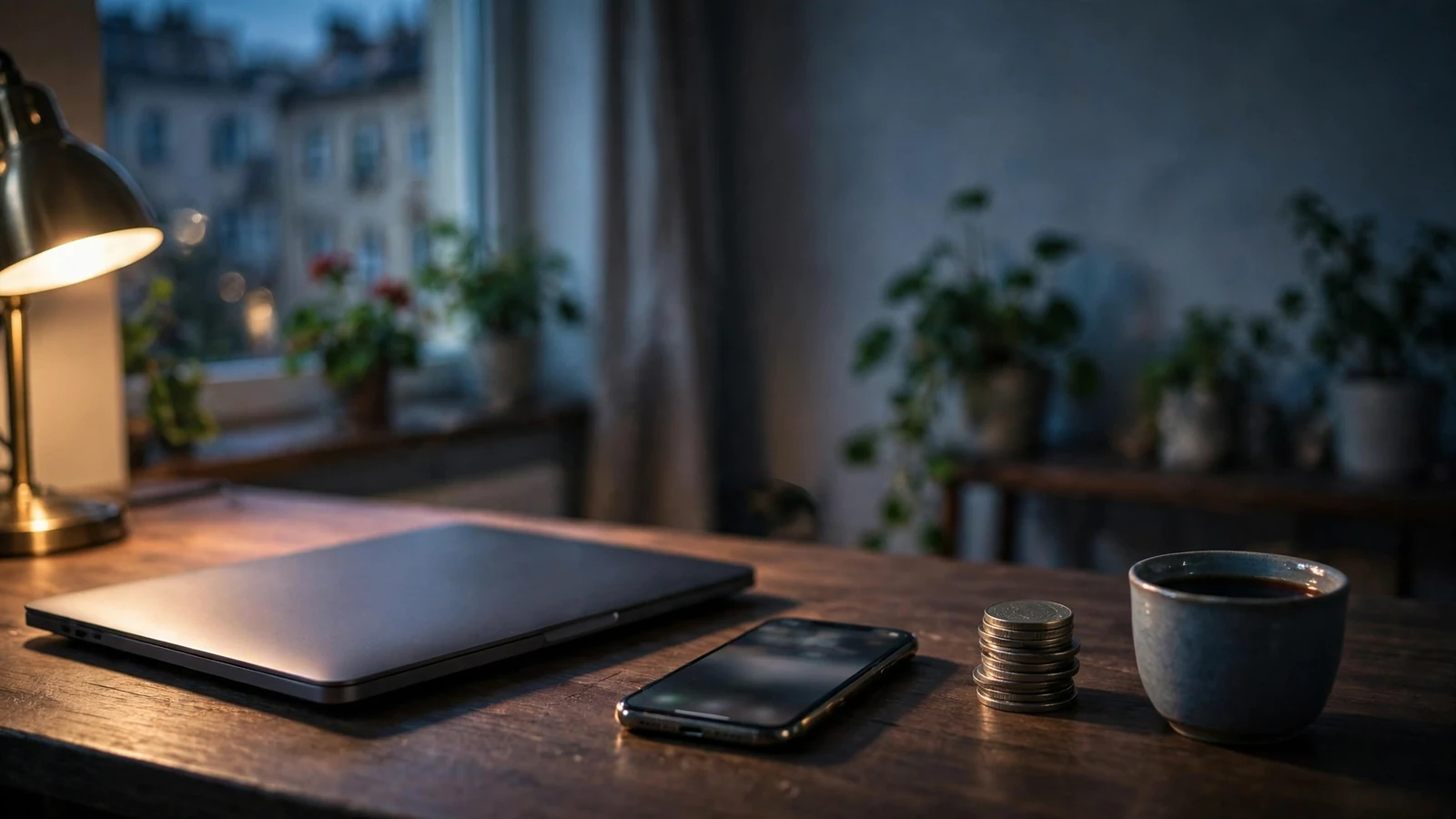 Biurko z zamkniętym laptopem, smartfonem i żetonami USDC przy lampie nocnej
