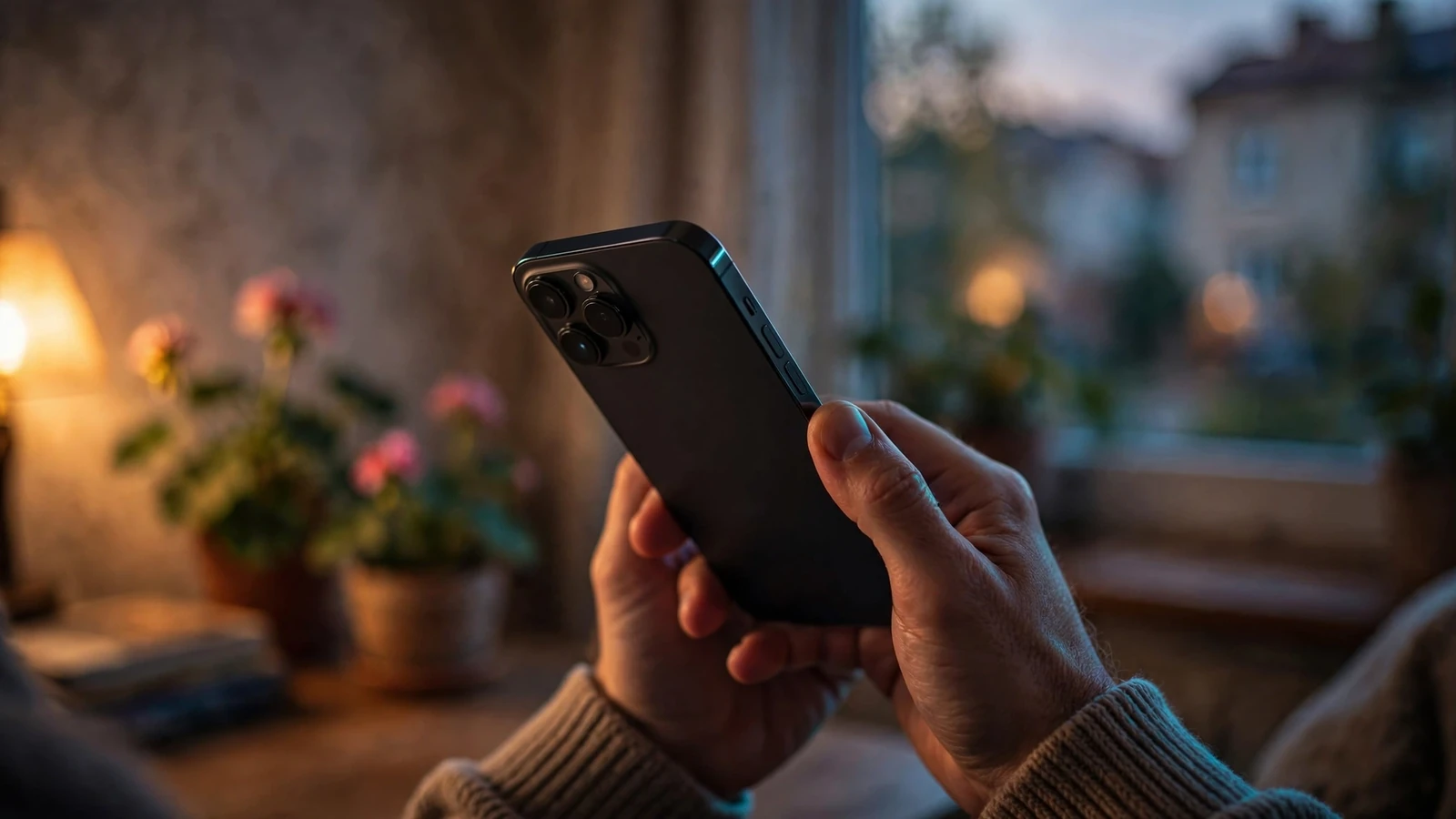 Dłonie trzymające iPhone'a w przyciemnionym wnętrzu wieczorem.