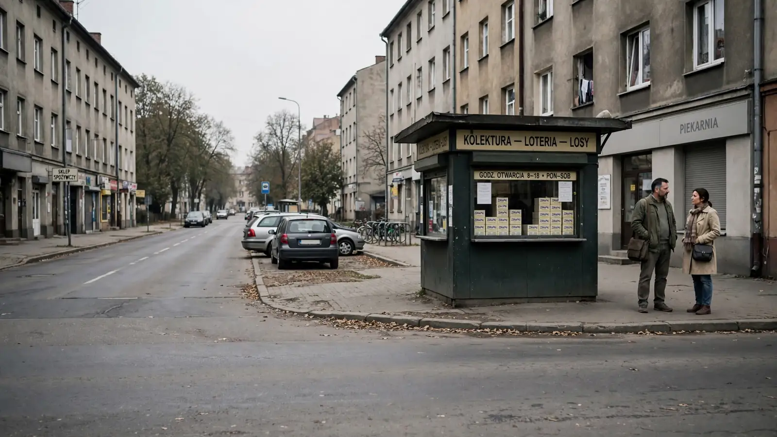 Niewielki kiosk loteryjny na zwykłej polskiej ulicy miejskiej, kilku przechodniów obok.