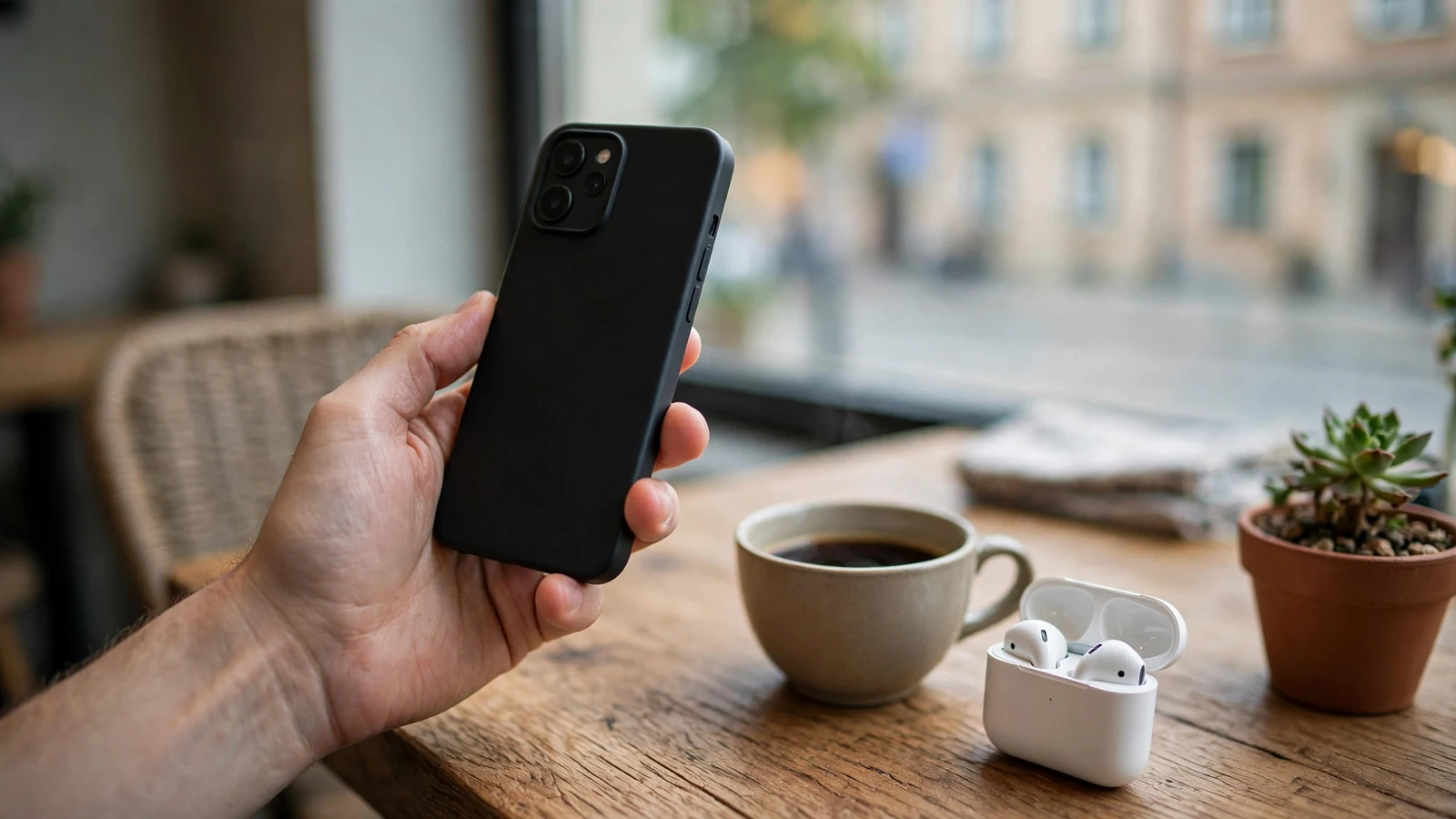 Dłoń trzymająca smartfon przy kawie w kawiarni w Warszawie