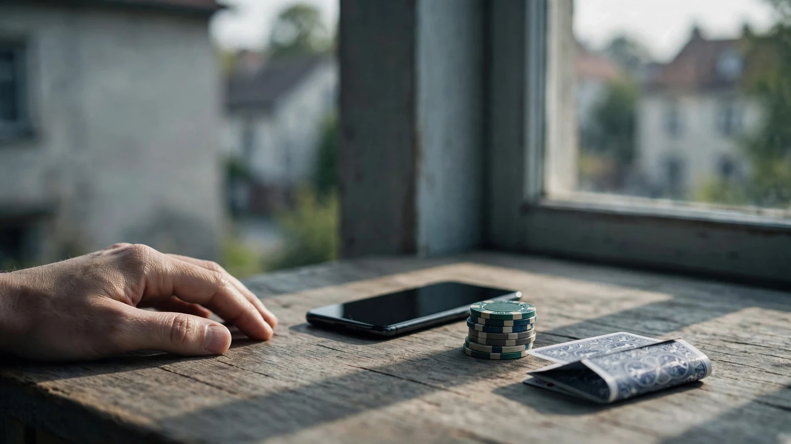 Ręka na stole obok żetonów i odwróconego telefonu z ciemnym ekranem